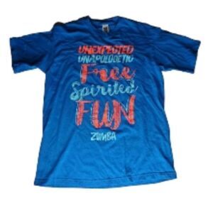 ZUMBA unexpected unapologetic fun blue orange Free Spirited SPELLOUT TSHIRT OSFM
